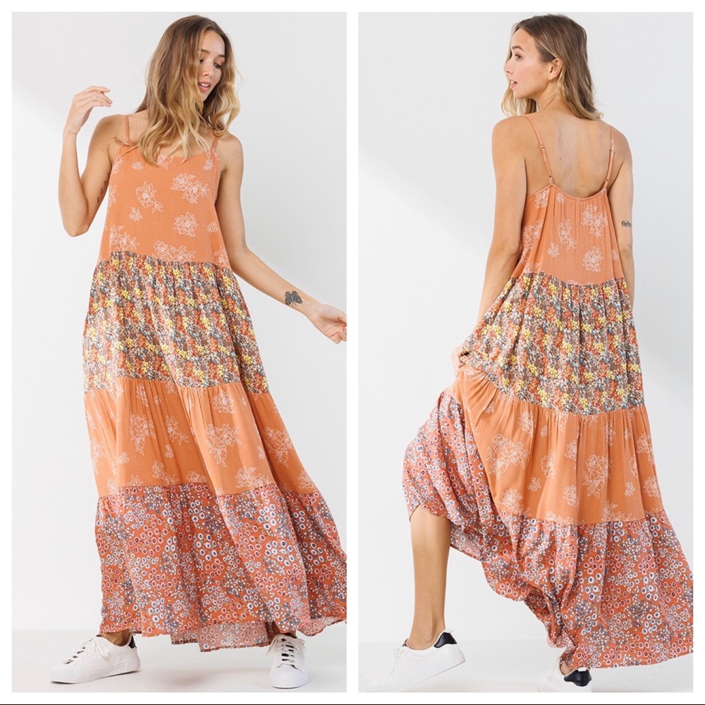 Boho Fabulous Floral Color Block Tiered Maxi dress - Picture 2 of 4